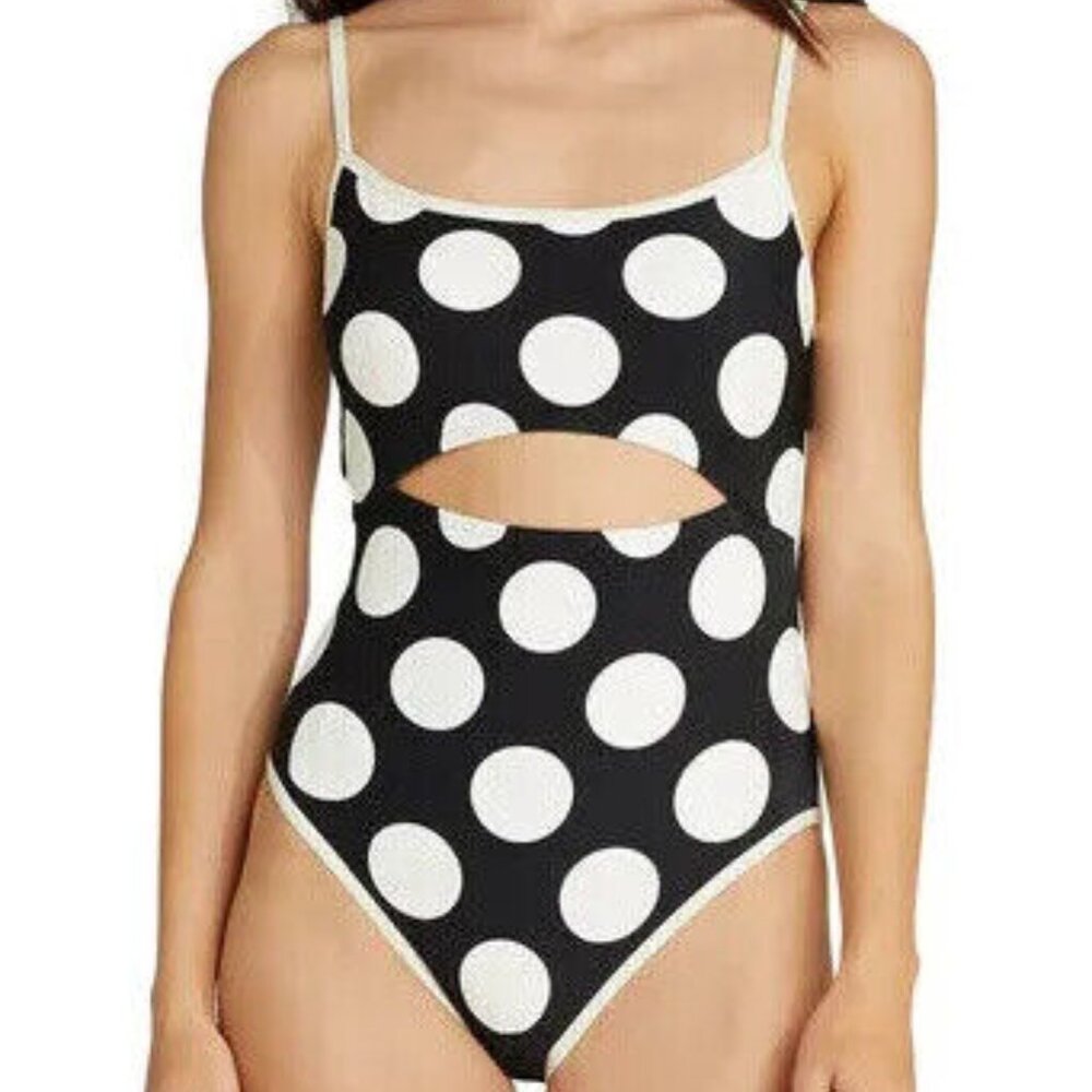 Kate Spade New York CUT OUT DOTS ONE PIECE SWIMSUIT BLACK WHITE SZ L NWT!